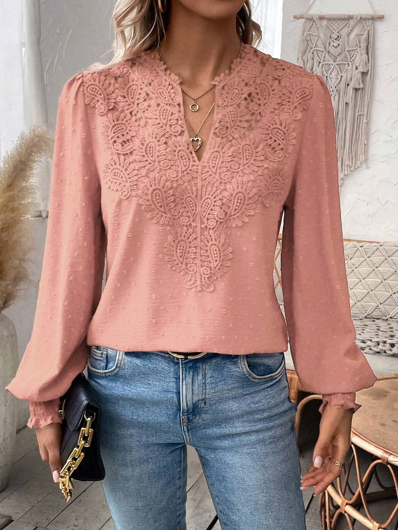 The new autumn and winter fashion V-neck lace solid color long-sleeved casual T-shirt for women on Amazon Cross-border in Europe and America in 2024 pic 24