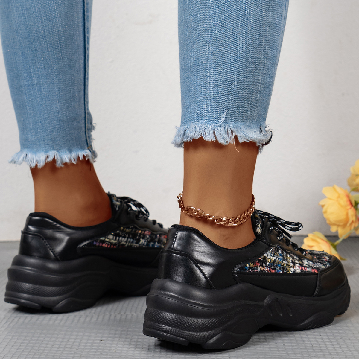 欧美大码跨境厚底休闲运动单鞋2023新款时尚前系带拼色老爹鞋批发详情8