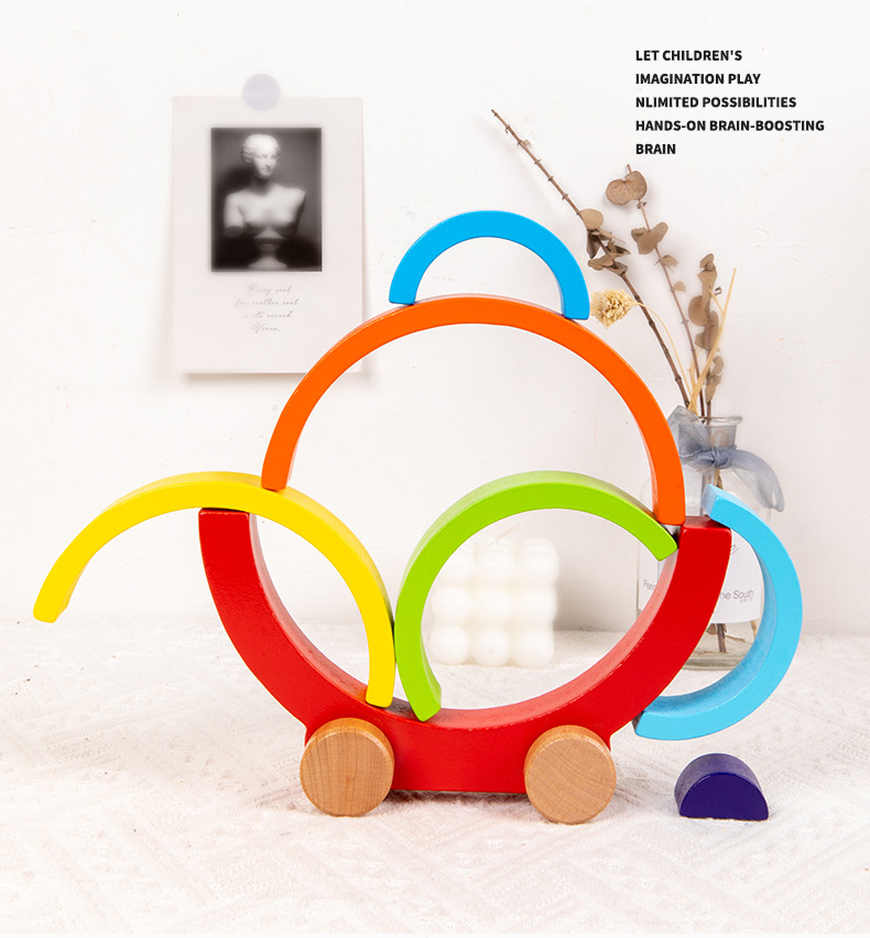 CPCCE儿童益智木制叠叠乐木质彩虹彩色积木拼搭趣味推车互动玩具详情5