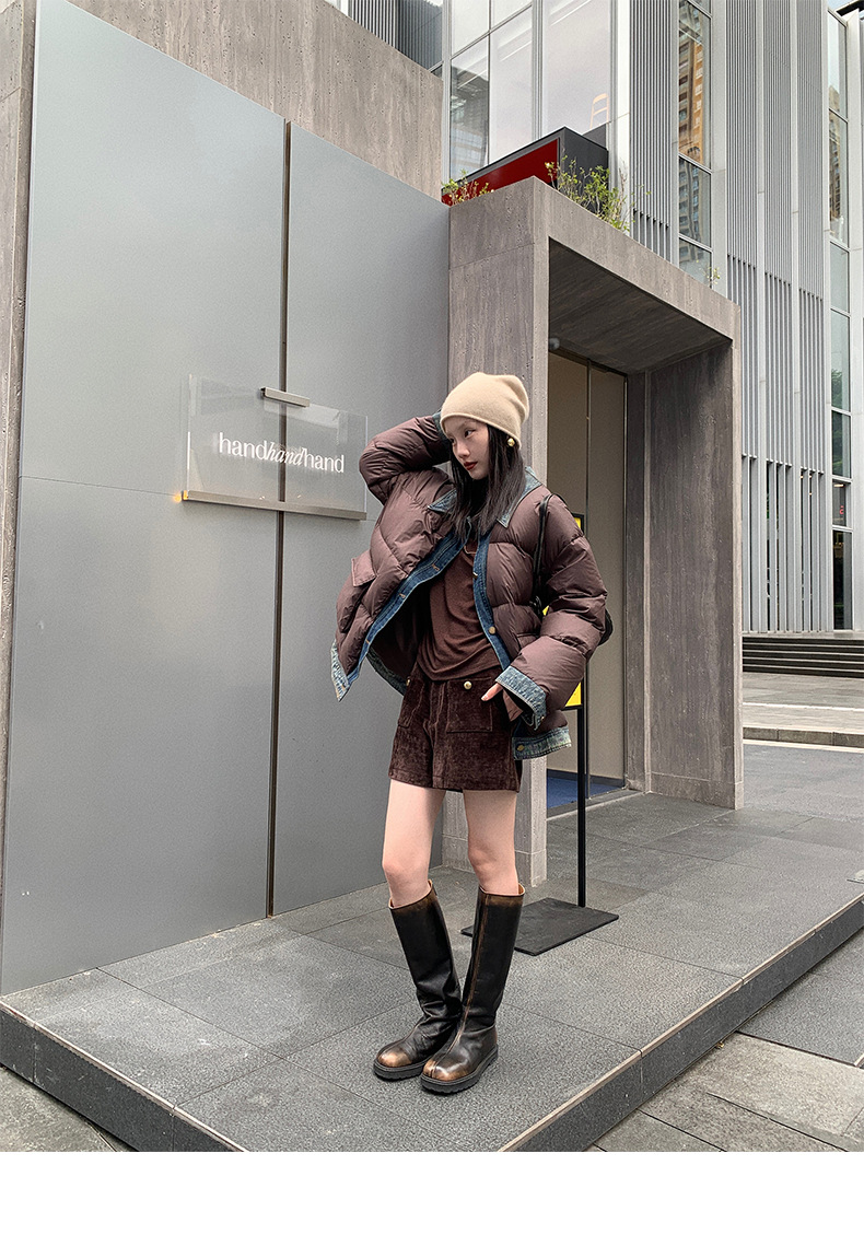 Qumeng DT CLASSIC Retro patchwork fake two-piece denim down jacket for women, 90 white duck down winter coat for women pic 18