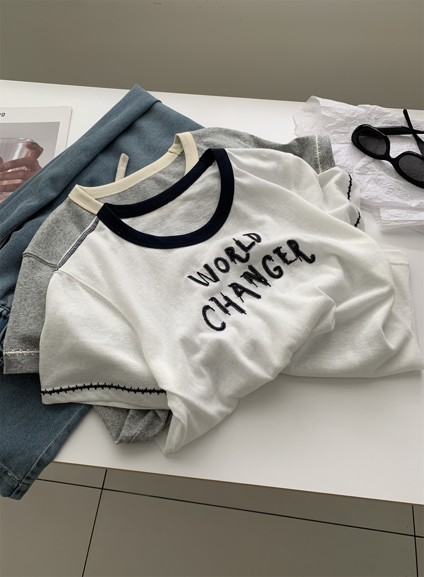 Summer thin, breathable snowflake cotton letter-shaped T-shirt for women, color-blocking round-neck lace embroidered loose short-sleeved top pic 8