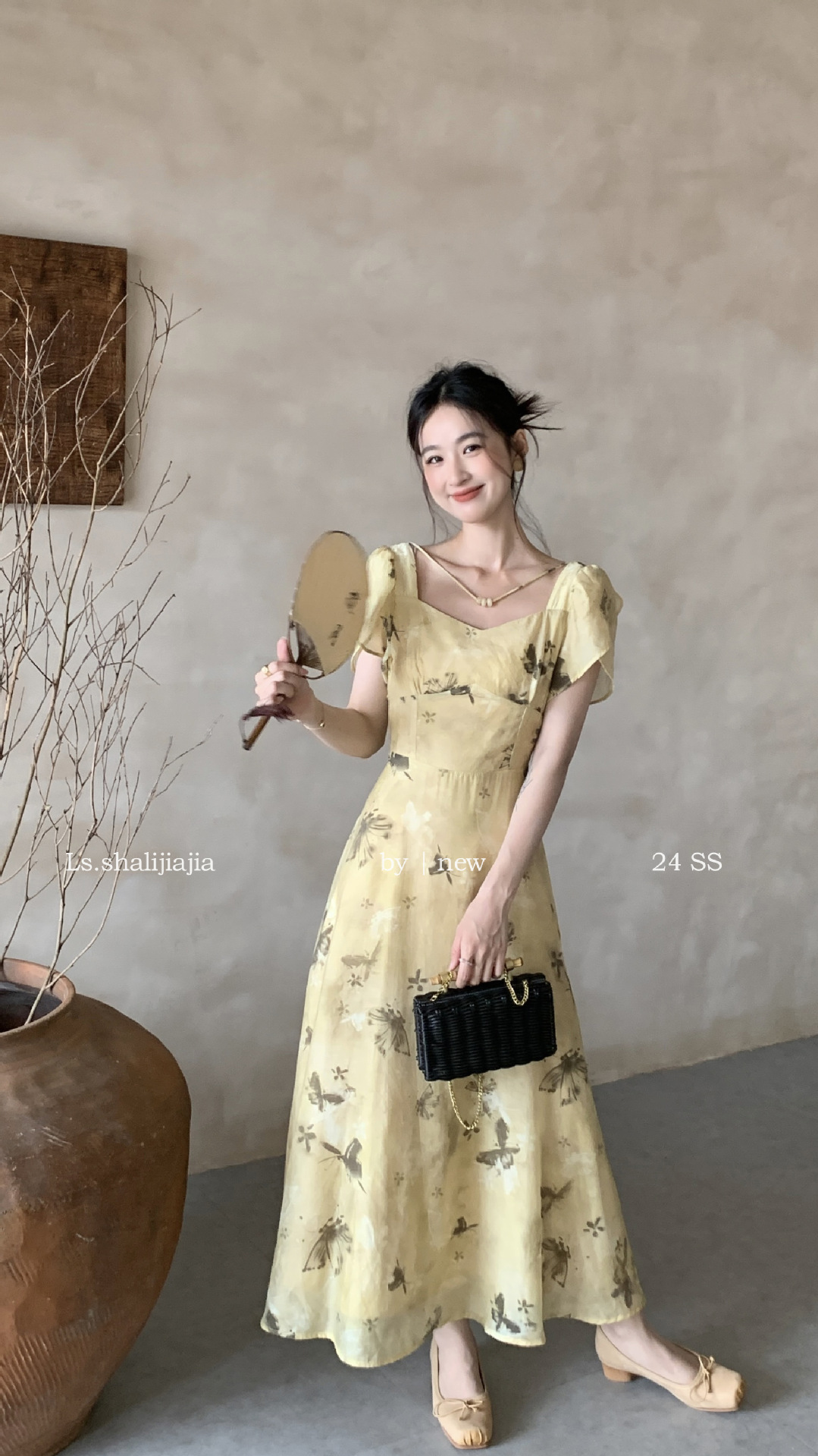 LS广州十三行春夏2024新品女装碎花度假优雅修身方领连衣裙51250#详情7