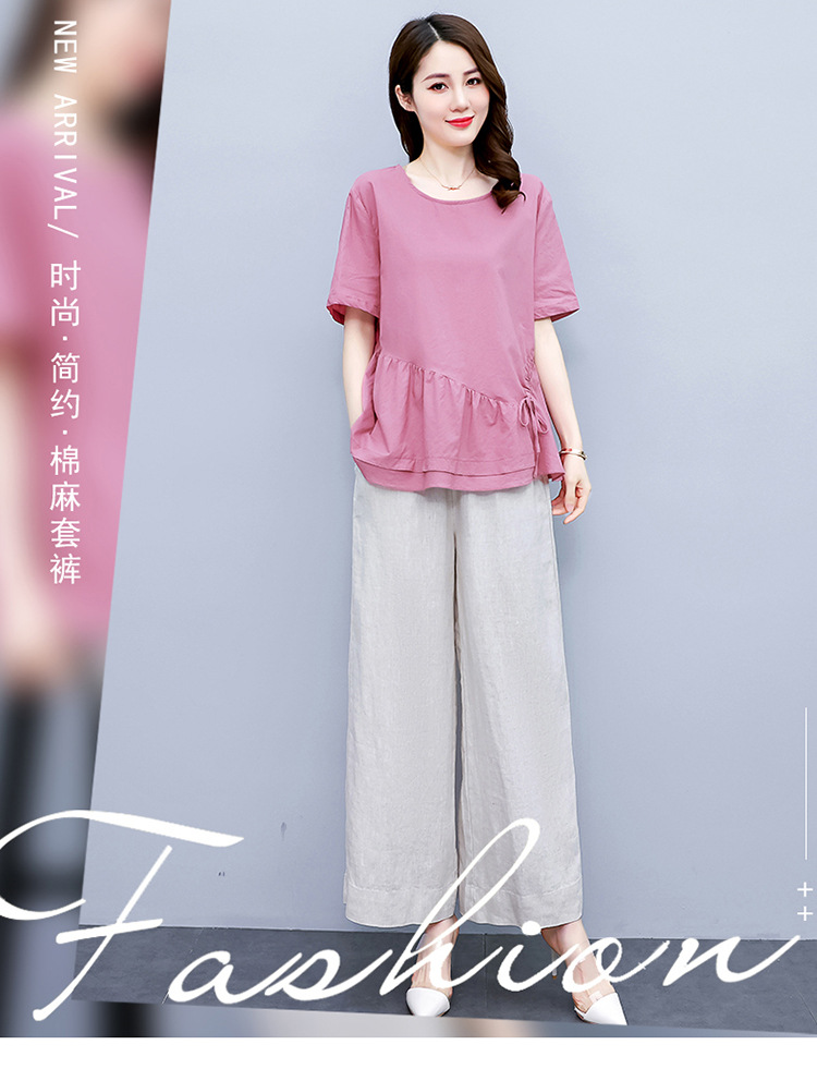 2022新款女装夏季两件套裤宽松大码上衣棉麻阔腿裤休闲时尚套装女详情1