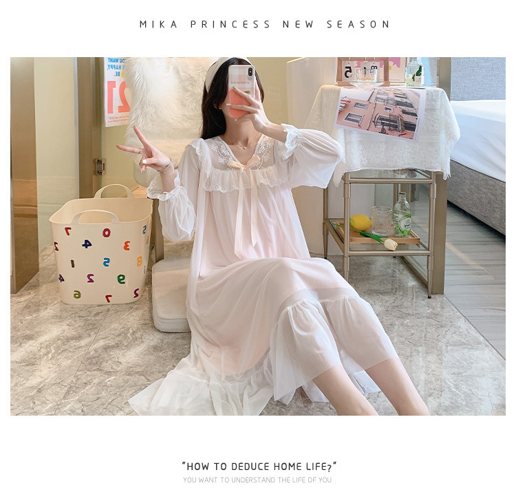 人气公主风睡裙女长袖网纱性感连衣裙长袖宫廷休闲纯棉睡衣睡裙秋详情19