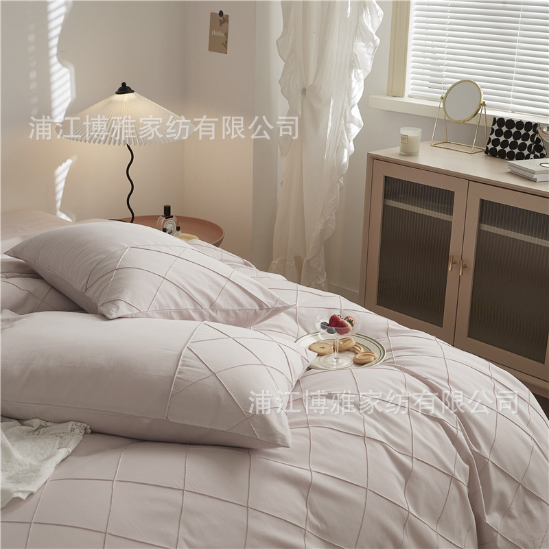 Wholesale of high-quality three or four-piece sets of washed cotton 40-count hand-knitted rhombus-shaped checkered plain pure cotton bedding pic 43