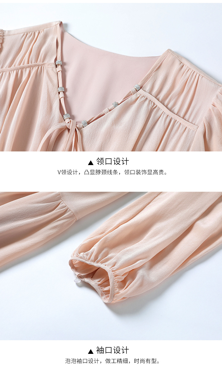 高端女装南油2023春秋气质v领真丝连衣裙桑蚕丝收腰纯色女士长裙详情25