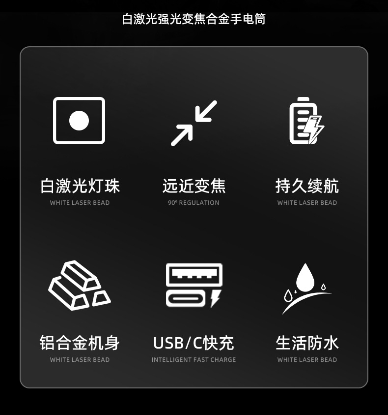新款荧光强光照明铝合金手电筒白激光灯泡户外探险USB-C充电详情2