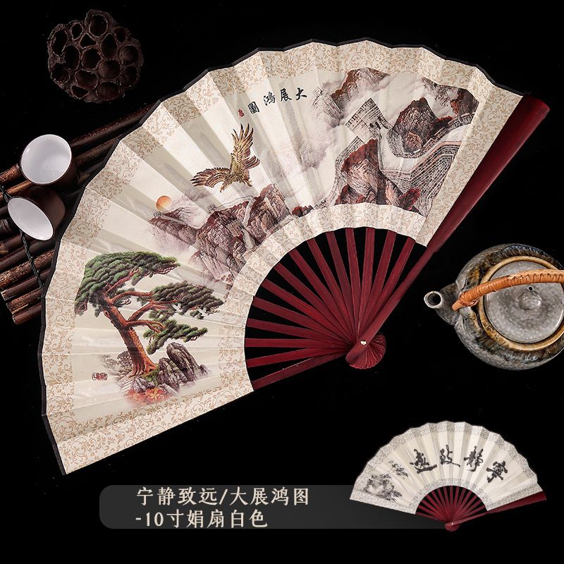中国古风男士折扇景区热卖工艺品男扇绢布扇子山水画10寸雕刻LOGO详情19