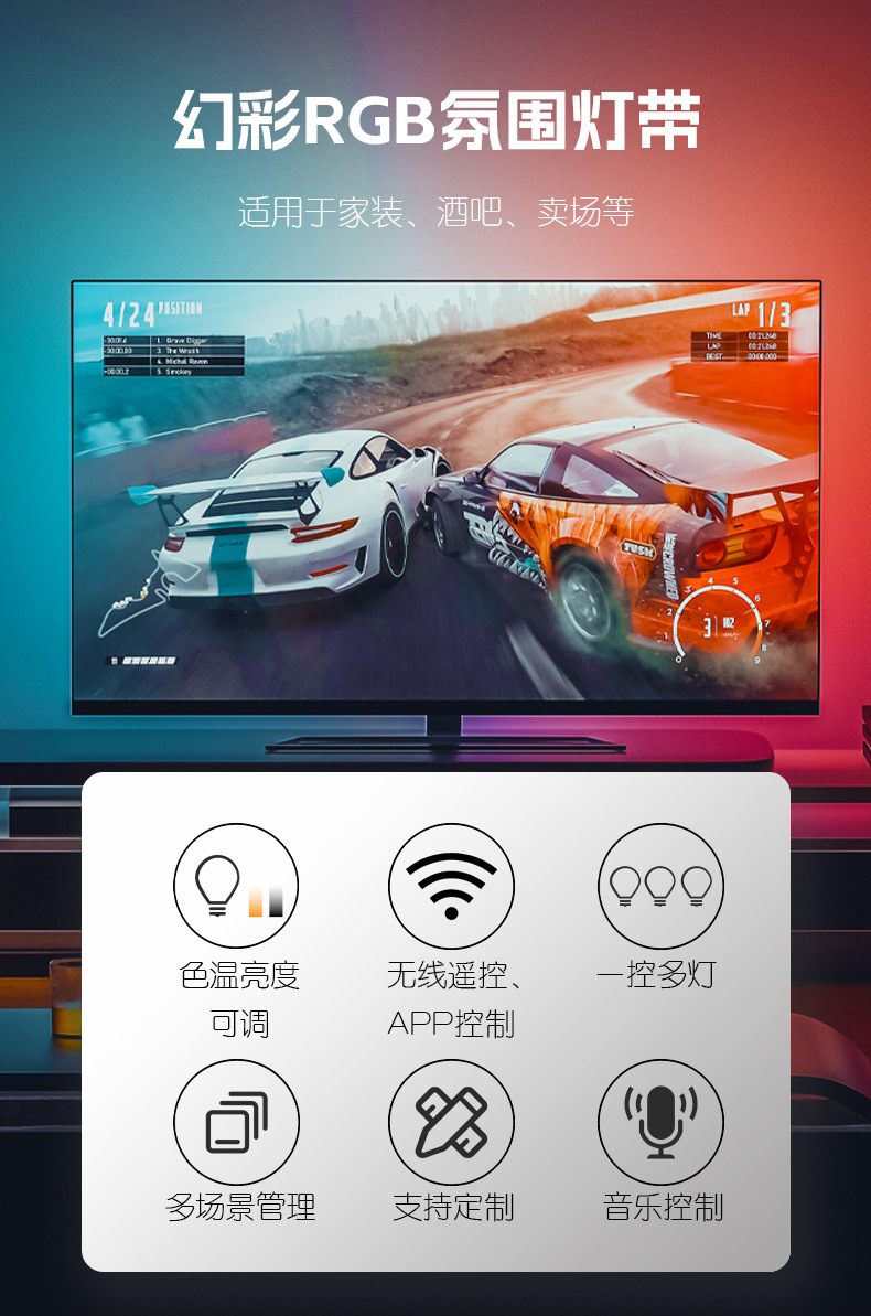 跨境热采2835rgb套装灯带5050低压软灯条蓝牙wifi遥控氛围灯详情4