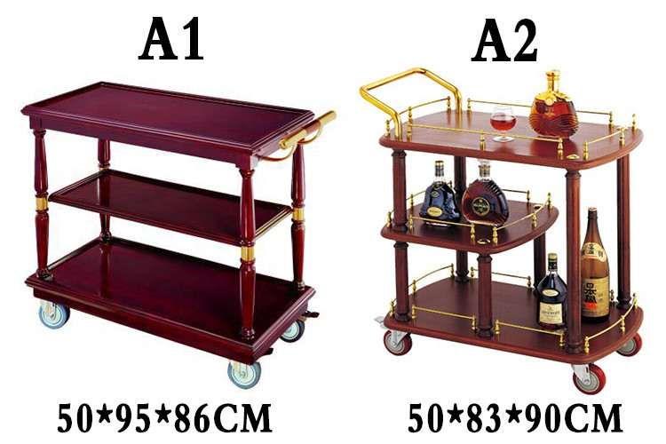 The new titanium gold wooden service dining cart is an oval-shaped beverage cart on the third floor of the hotel, a hand-pushed cleaning cart for the restaurant and guest rooms pic 5