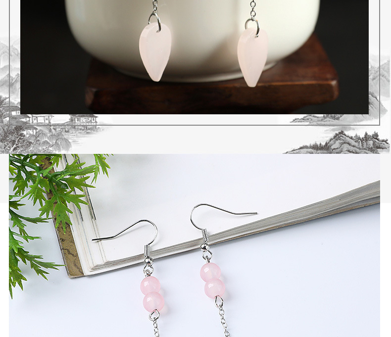 Ancient-style earrings, light pink, simple and fashionable, long tassel pendant leaf earrings, fresh and classical earrings pic 8