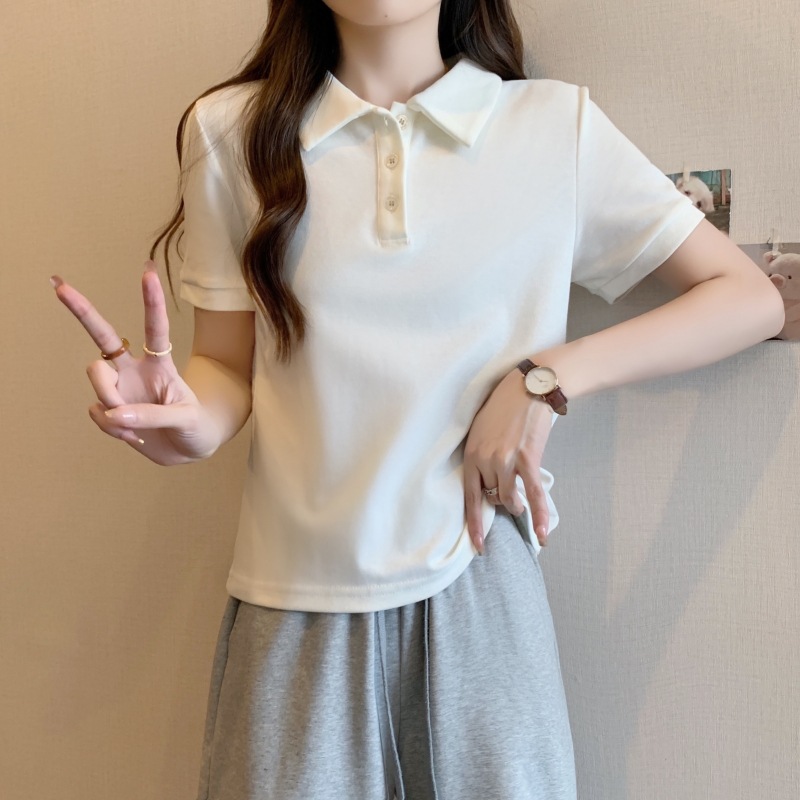 2024夏装polo领短袖T恤女衬衫减龄宽松休闲百搭新款正肩大码上衣详情3