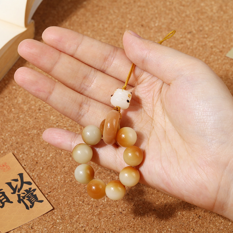 Cute charcoal-burned Bodhi cat paw mobile phone chain, wealth-attracting cat prayer beads running ring pendant, multi-treasure beads car key chain pendant pic 2