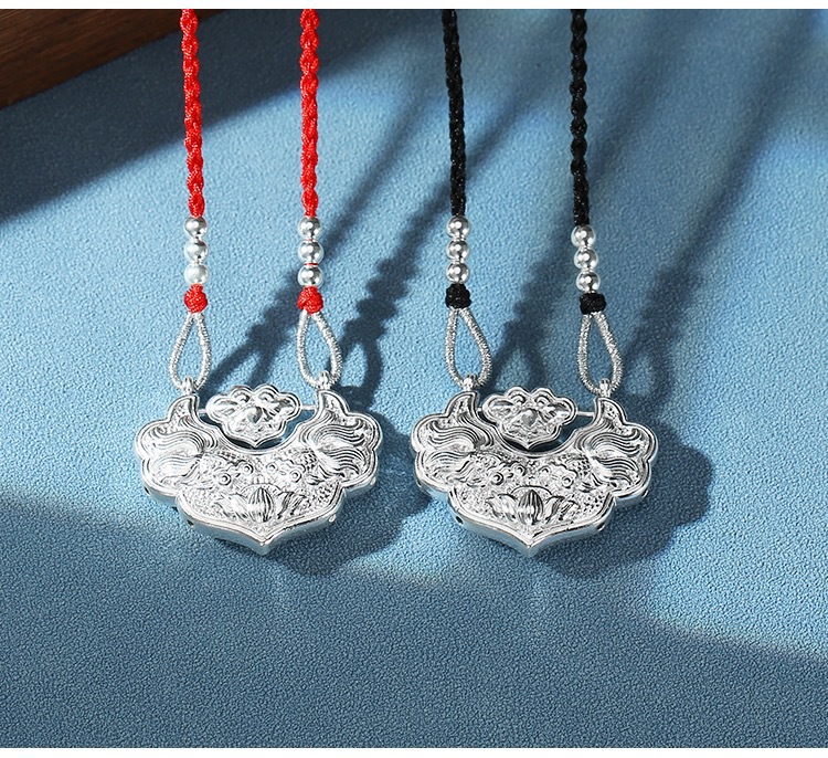 足银999锦鲤锁银莲花国风平安锁编织纯银项链双鱼如意长命锁锁骨详情14