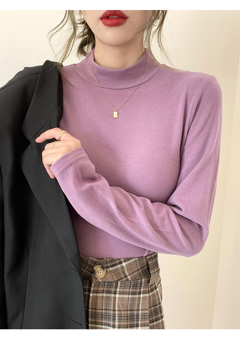 A German velvet semi-high-neck white base layer for women, paired with a stylish, thickened, brushed, and form-fitting mid-neck base layer for autumn and winter pic 42