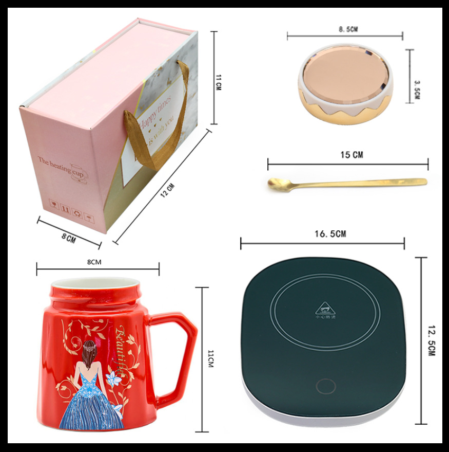 Ceramic insulated cup, 55-degree constant temperature cup, heating coaster, mirror cover, handle spoon set, high-end business gift box pic 20