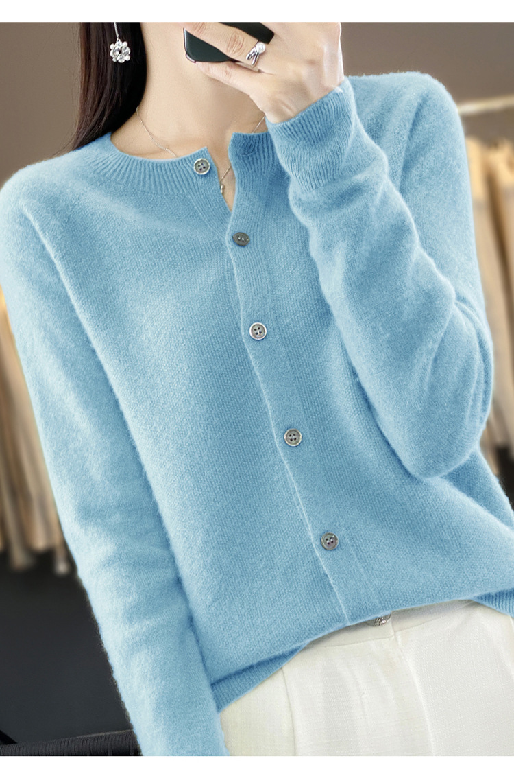 爆款批发秋冬季新款纯羊毛桂花针开衫宽松大码圆领羊毛衫详情26