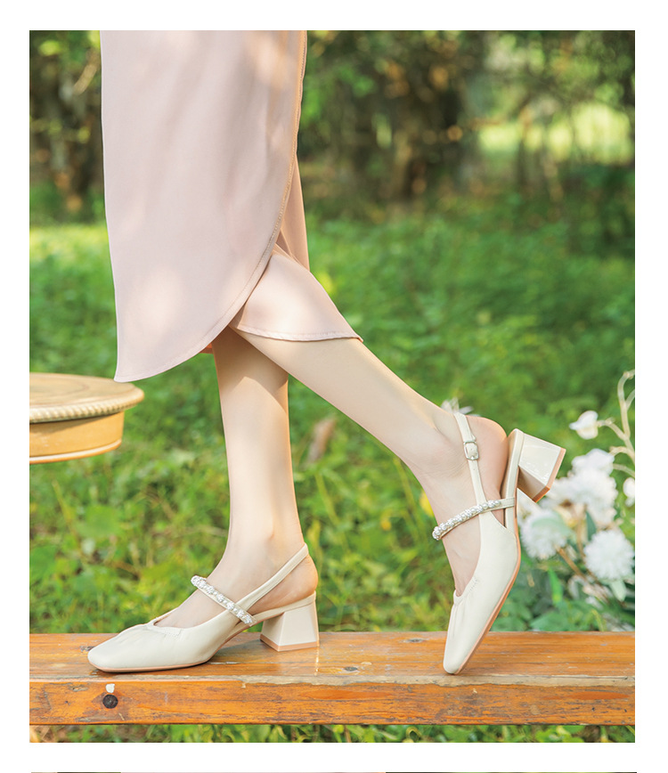 333-23 珍珠水钻凉鞋女外穿一字带粗跟方头羊皮中跟后绊带玛丽珍详情12