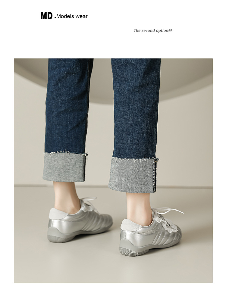 牛皮版2025春季新款银色斜带蕾丝边设计德训鞋舒适运动芭蕾舞女鞋详情16