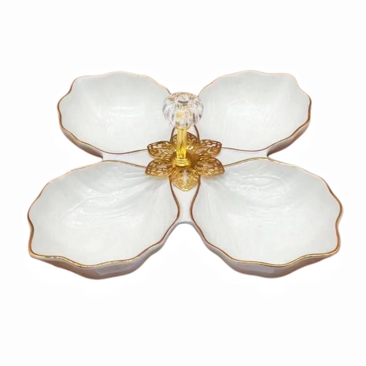 A pure white petal-shaped fruit platter with electroplated gold and multiple compartments, a hand-held restaurant banquet food platter pic 2