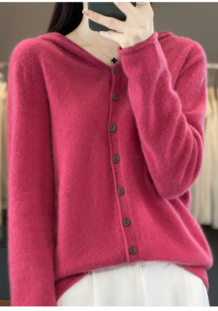 女士连帽100羊毛衫开衫百搭秋冬新款纯色一线成衣潮卫衣针织外套详情36