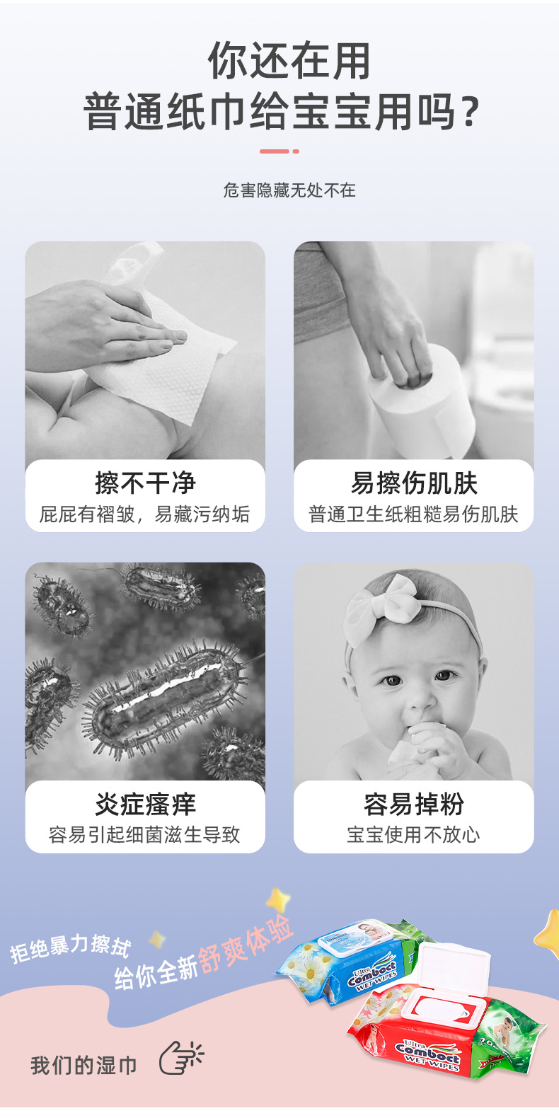 宝宝湿巾120片装水润棉柔滋润带盖防尘包装旅行便携婴儿手口湿巾详情3