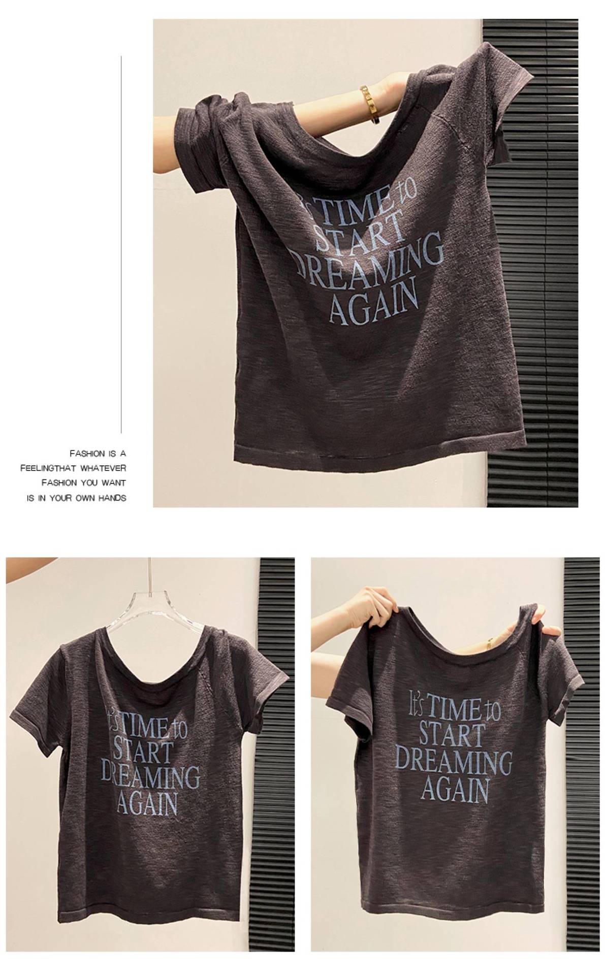 Bright yellow short-sleeved women's one-shoulder slant-neck T-shirt, a loose, casual and laid-back chic off-the-shoulder top for summer pic 8