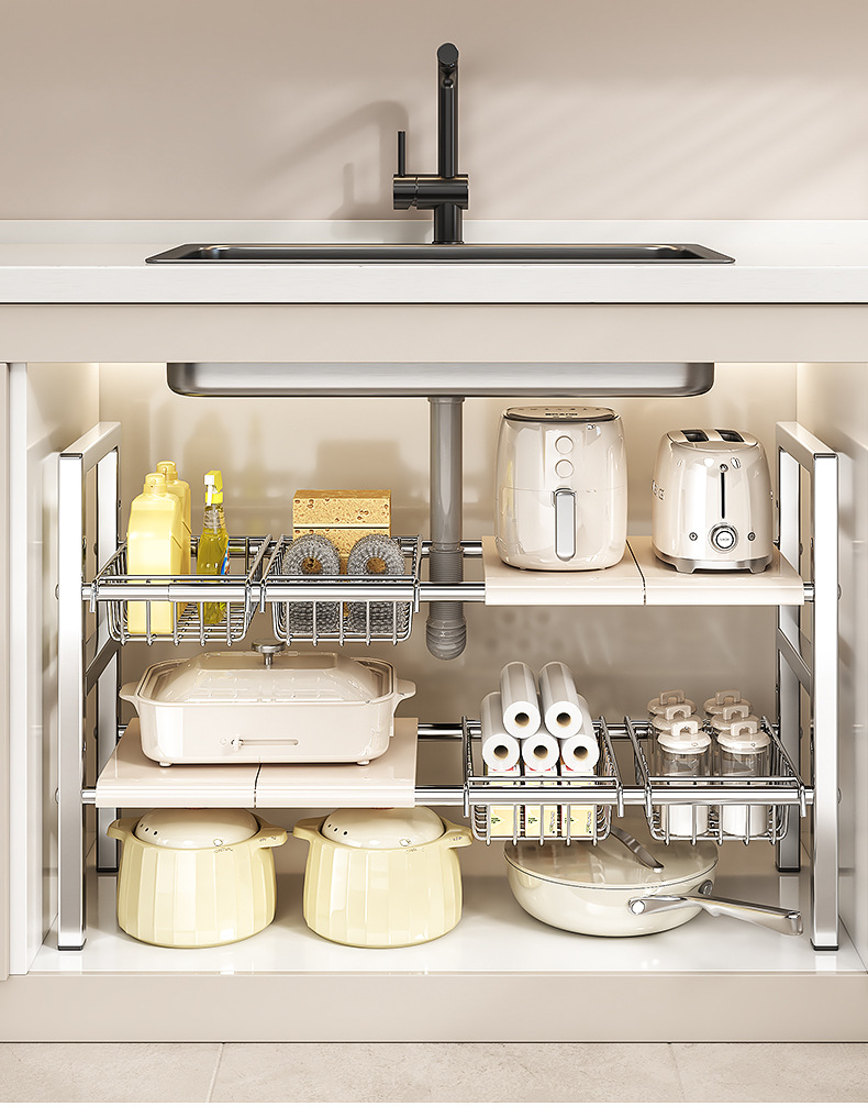 Stainless steel sink storage rack, extendable cabinet, layered storage wonder, multi-functional cookware storage rack pic 21