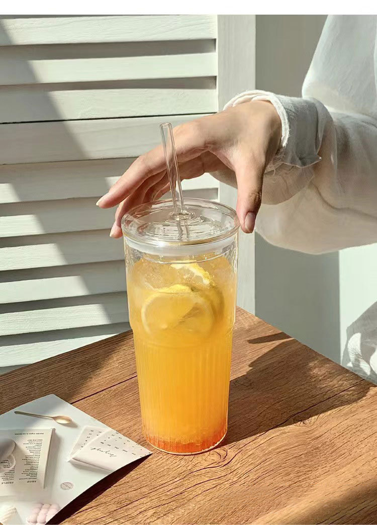 ins风竖条纹玻璃杯喝水杯子带盖高颜值家用牛奶杯夏季大容 量水杯详情7