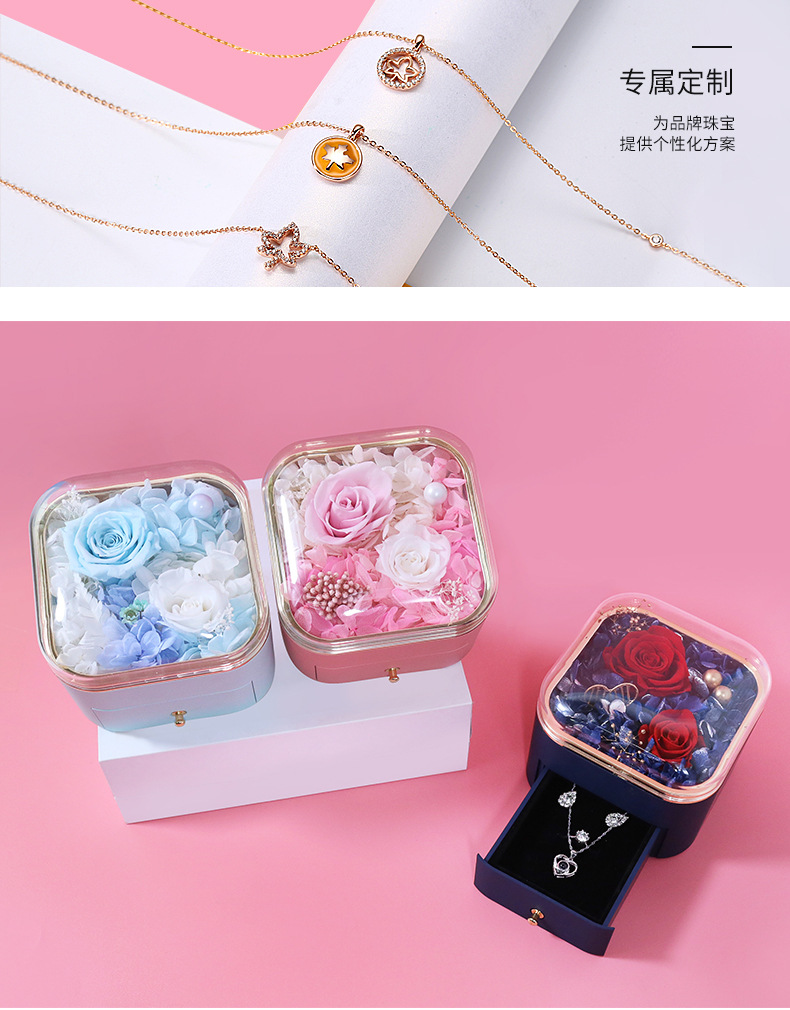 New round corner paint preserved flower gift box, rose real flower necklace, jewelry box, high-transparency acrylic rose pic 4