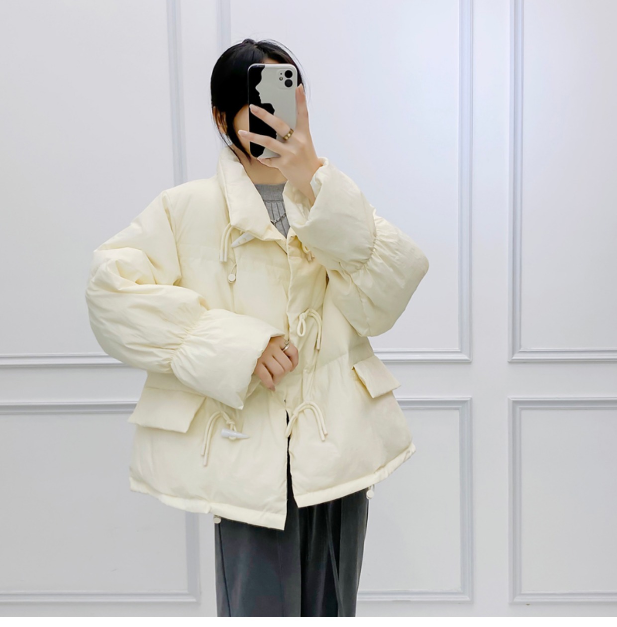 韩系仙女牛角扣羽绒服女洋气短款新款韩版宽松白鸭绒面包服外套潮详情21