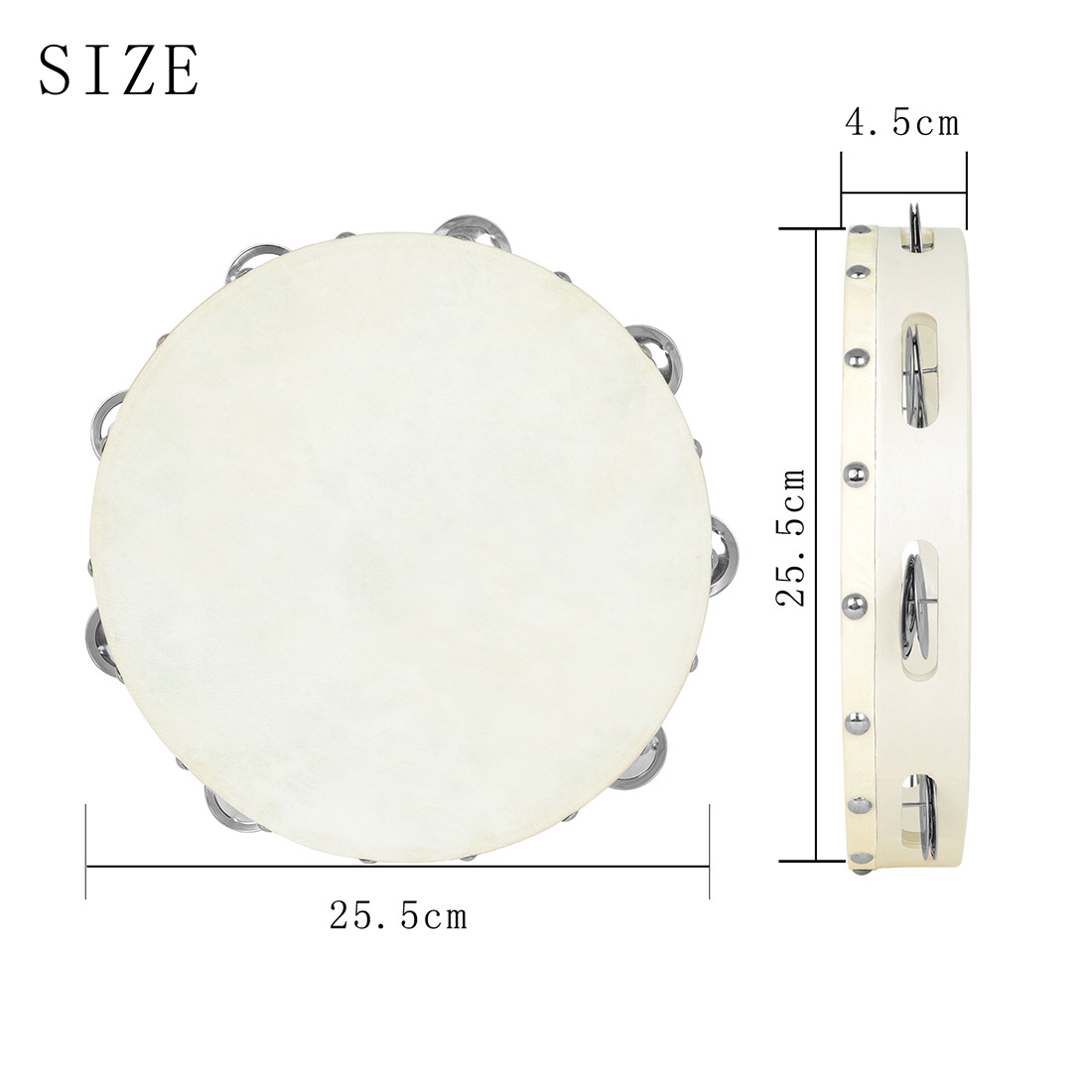 Orff percussion instrument, 10-inch hand-cranked tambourine with white edges in wood color, imitation sheepskin hand-tapped drum, music early education toy pic 2