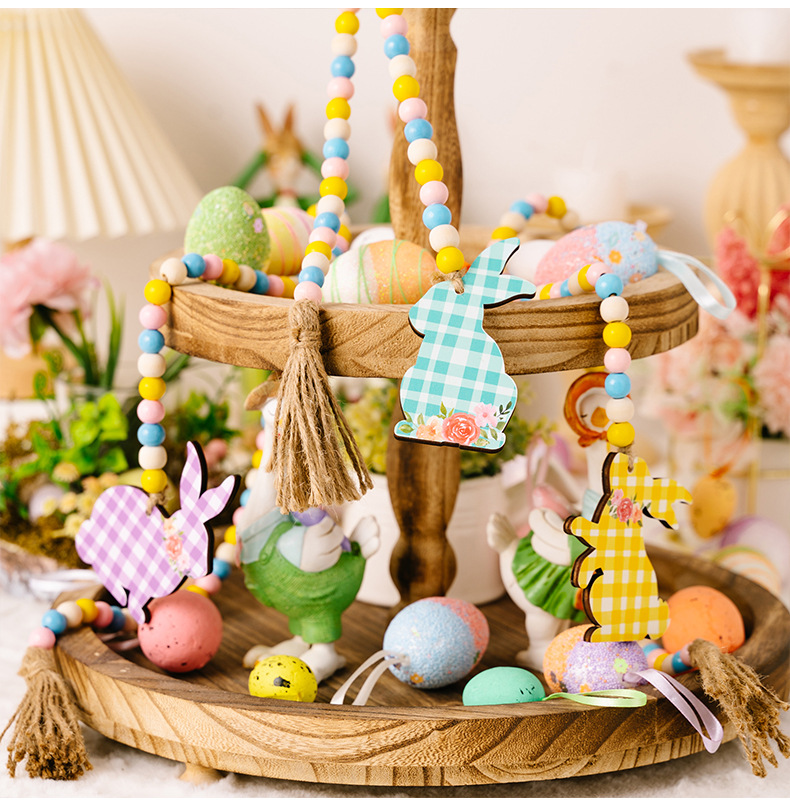 New cross-border Easter decorative items: Easter bead strings, checkered printed rabbits, wooden pendants, and colorful beads pic 7