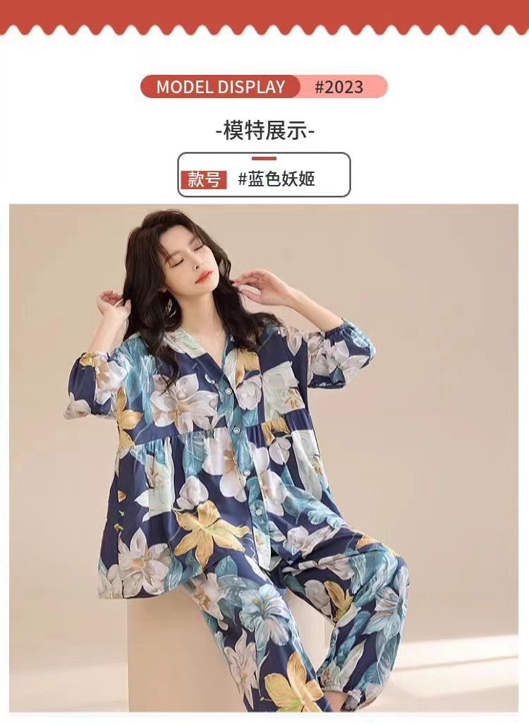 春夏新款棉绸睡衣套装女士七分袖大码宽松空调服家居服两件套详情8
