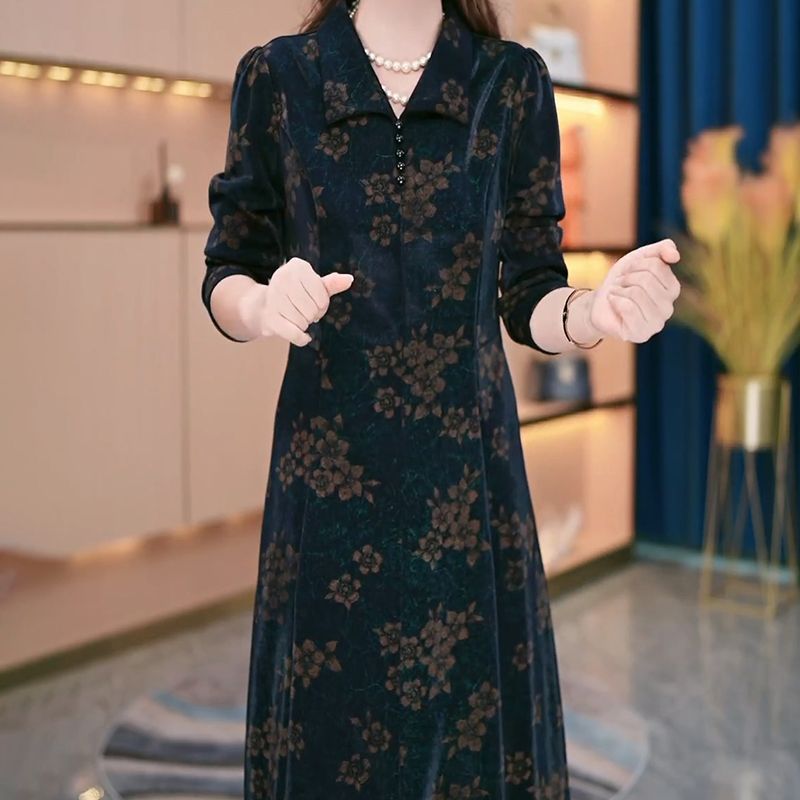 秋季新款时尚碎花长袖连衣裙高档中老年妈妈装气质减龄显瘦A字裙详情7