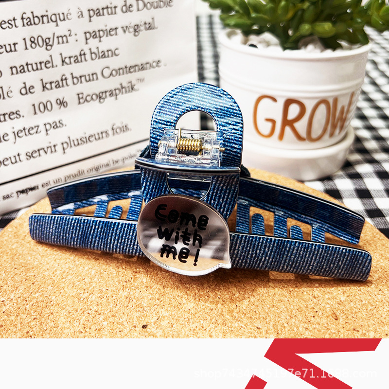 老板哥家原创设计笑脸牛仔鲨鱼夹仿牛仔网格气质女子韩日小众风格详情5