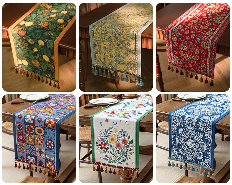 Cool Happiness American retro style, fashionable, simple, elegant and high-end, long tablecloth, colored jacquard, high-end, tassel, home coffee table, tea flag, high-end chest of drawers, table flag pic 9
