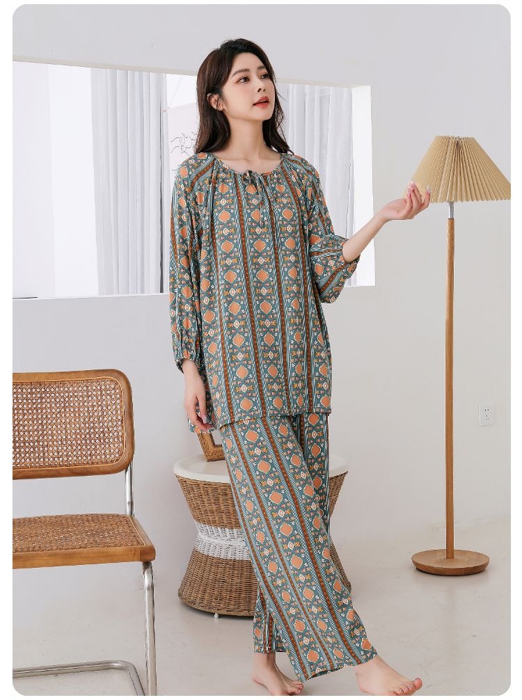 40支棉绸睡衣女士宽松国风灯笼袖高级感人棉长袖长裤家居服套装详情8