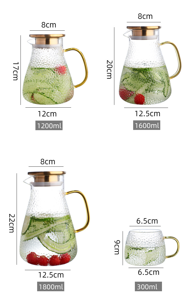 Hot-selling glass high-temperature resistant cold water kettle, household summer large-capacity tea brewing teapot, anti-drop hammer-patterned bottle, cold water cup pic 12