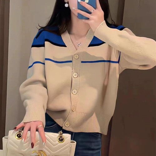 2023秋冬新款韩版毛衣外套女宽松中长款口袋学院风时尚撞色针织衫详情28