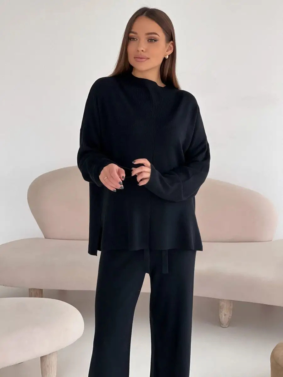 秋冬俄罗斯长袖宽松休闲长裤毛衣套装女跨境欧美热卖开叉套装详情10