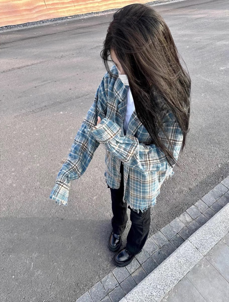 高货复古格纹法兰绒流苏破坏格子衬衫cleanfit设计感男女春季上衣详情12
