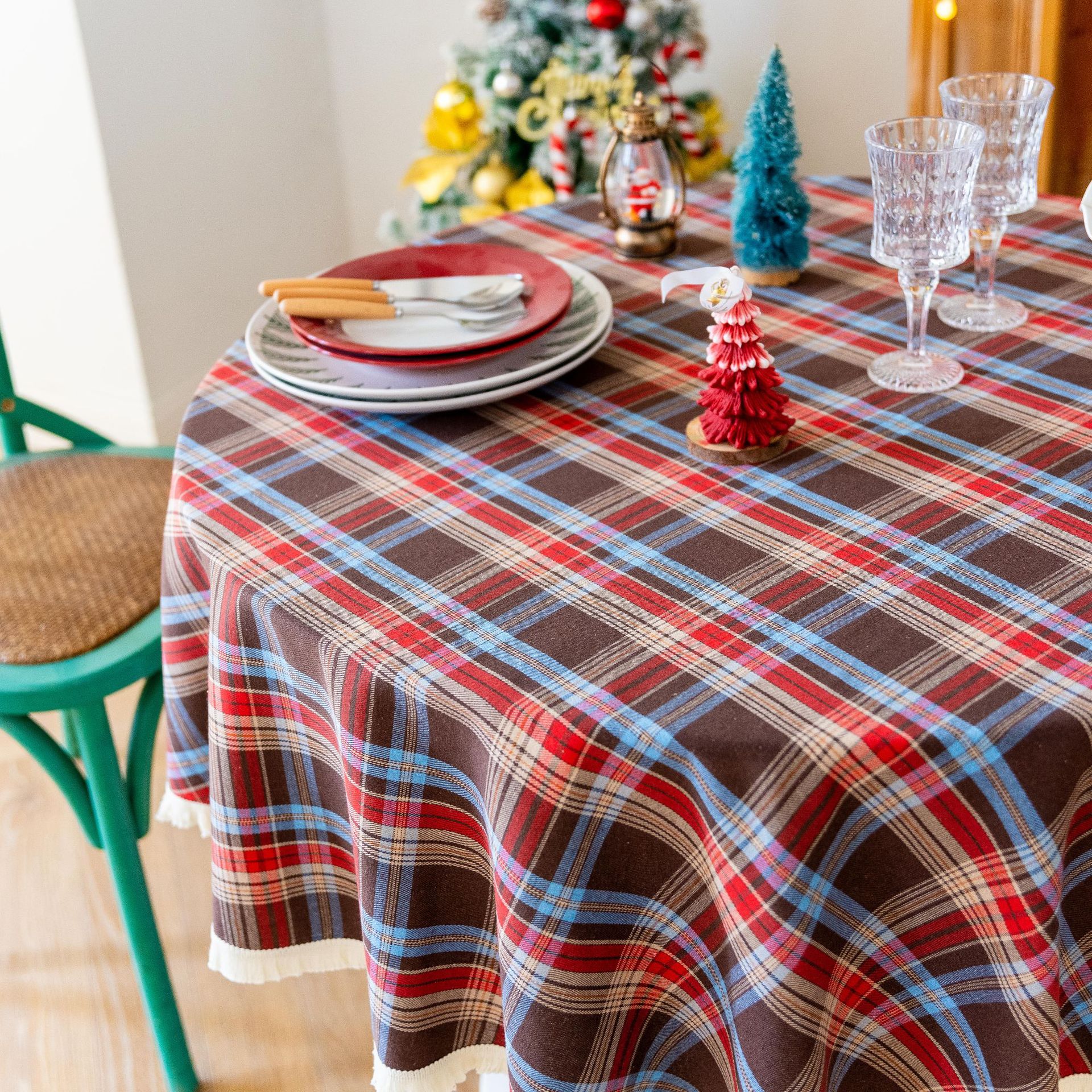 Tablecloth, coffee table, cotton and linen decorative table, ins style best-selling rectangular retro dining table, festive red Christmas checkered pic 26