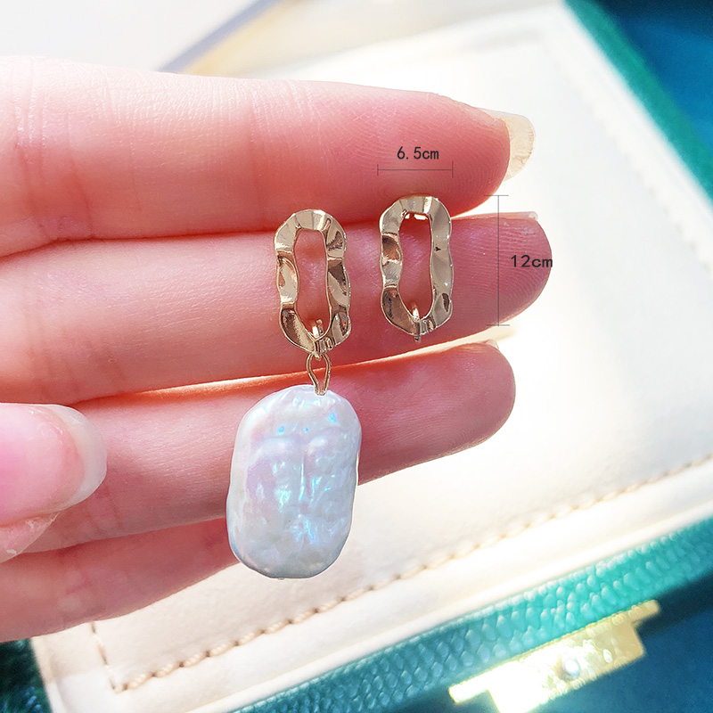 铜镀真金14k包金不规则敲打面耳钉耳针配饰巴洛克淡水珠异性耳钉详情5