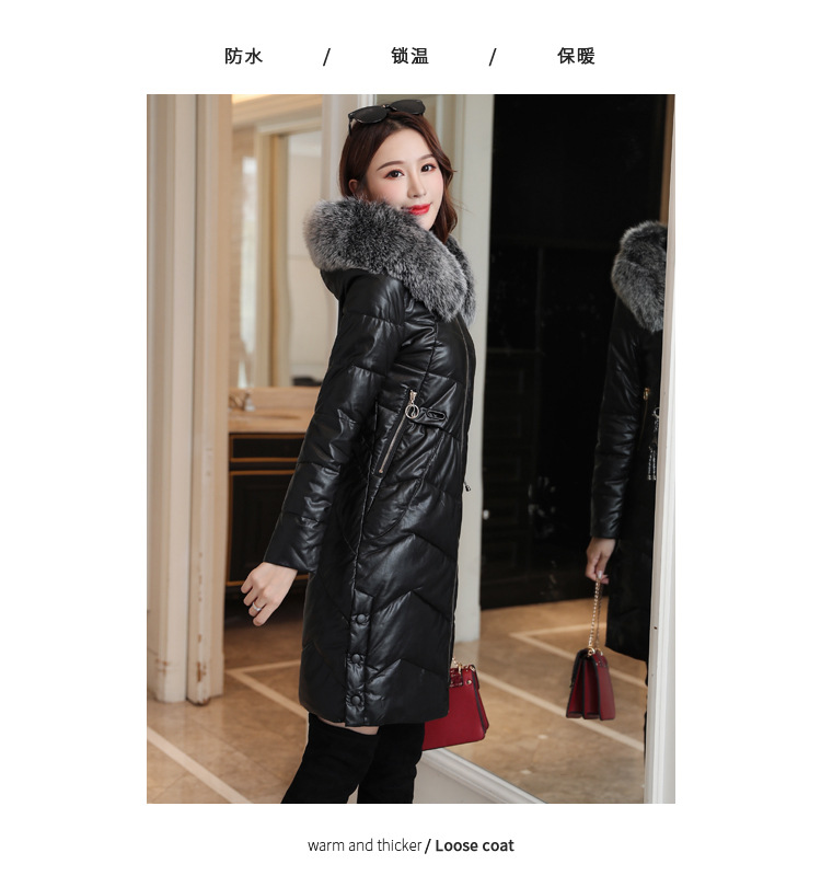 Korean winter new mid-length down cotton-padded jacket, PU leather, true fox fur collar, thickened leather coat pic 17