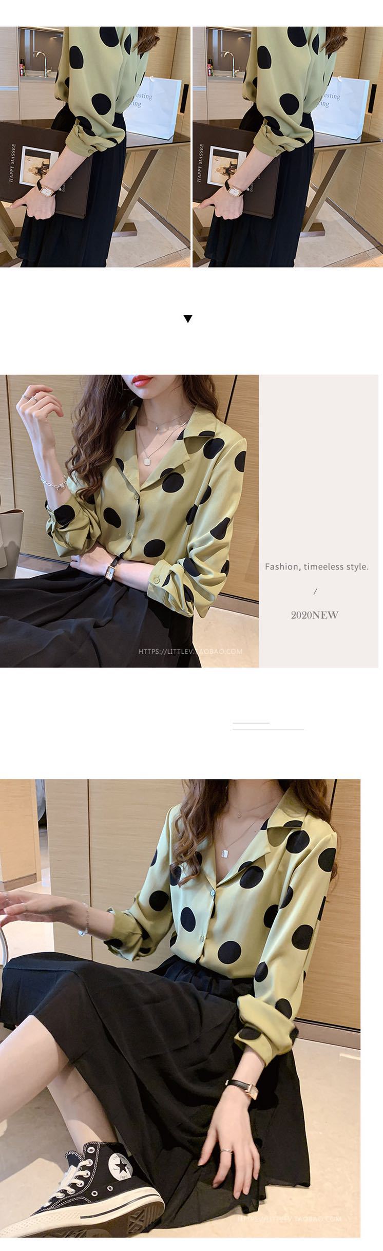 The 2022 Spring and Autumn new polka dot shirt for women is a retro Hong Kong-style top with a design sense and a light mature shirt as the base layer, making it a trendy choice pic 3