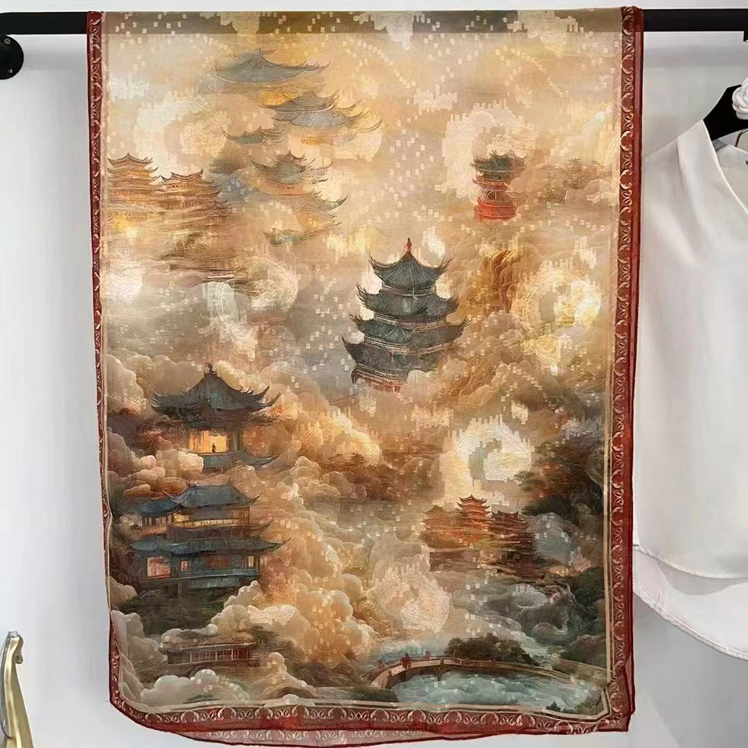 国潮新款仿香云纱大长巾女丝巾花萝仿真丝披肩围巾优雅中国风领巾复古详情13