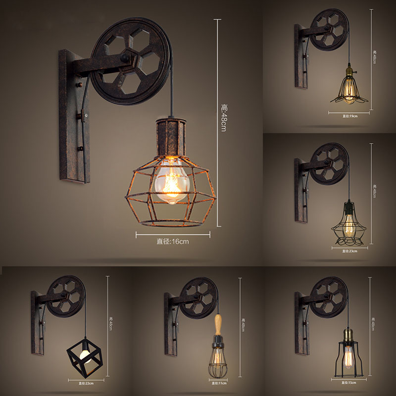 American country wall lamps, industrial style retro wall lamps, simple and creative ironwork pulley wall lamps, height-adjustable restaurant corridor lights pic 4