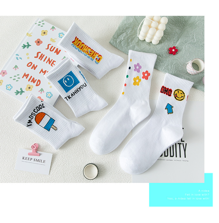 ins trendy and creative smiling cotton socks, a niche design for women with a school style cartoon print, mid-calf socks, sweat-absorbing and breathable socks pic 14