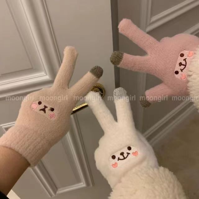 卡通笑脸手套韩版少女甜美可爱冬季防寒加绒加厚学生手套触屏手套详情2
